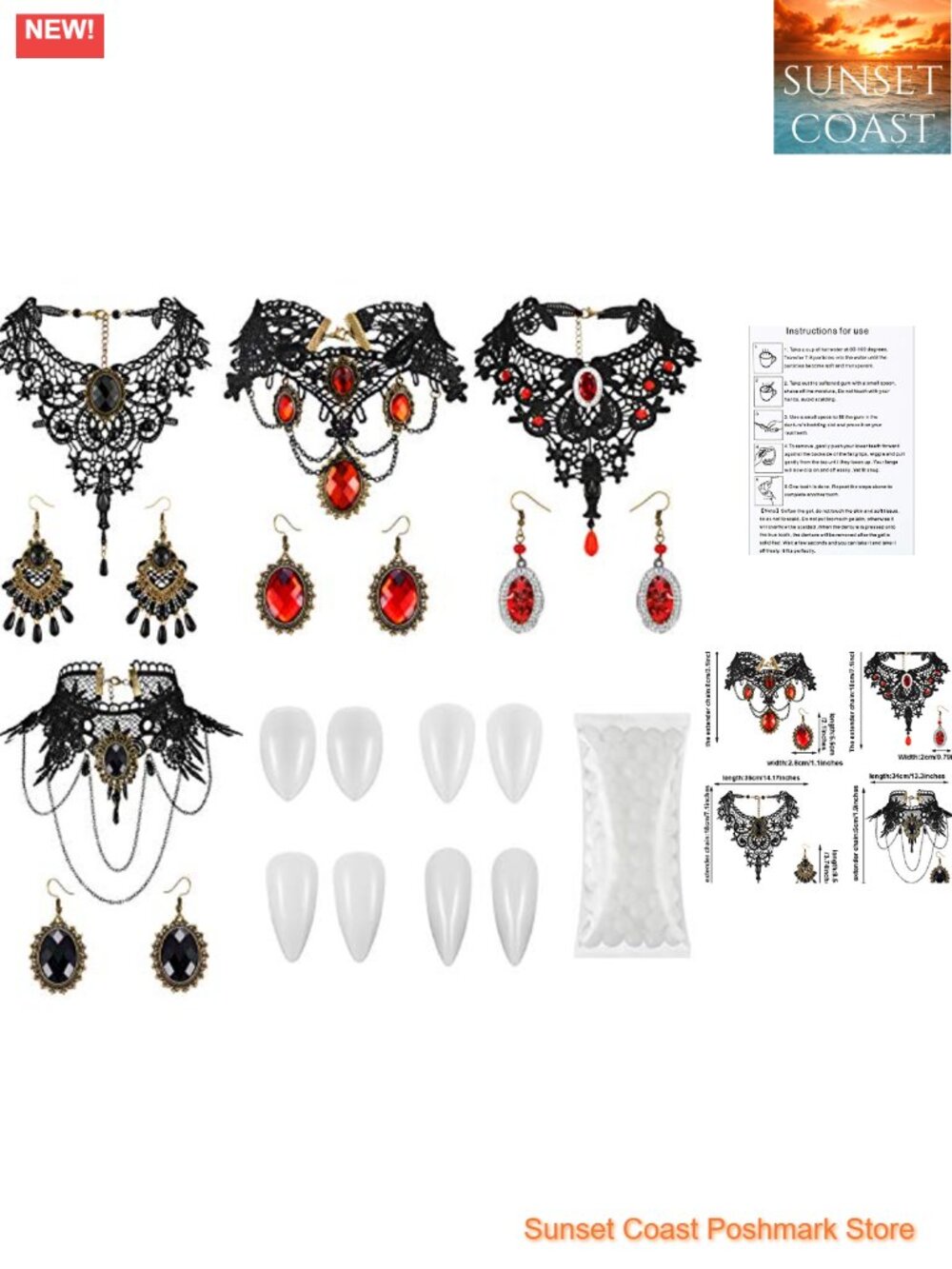 Lace Choker Earrings Set with Vampire Fangs Costume Accessories